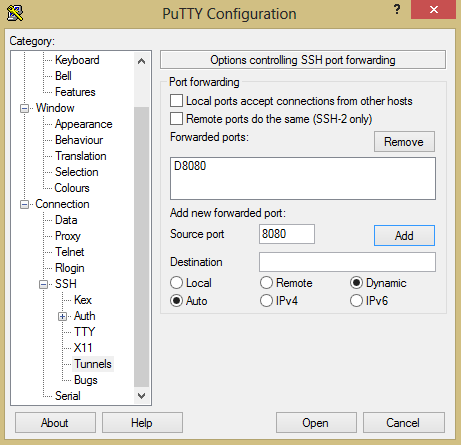 Creating a dynamic SSH tunnel on port 8080